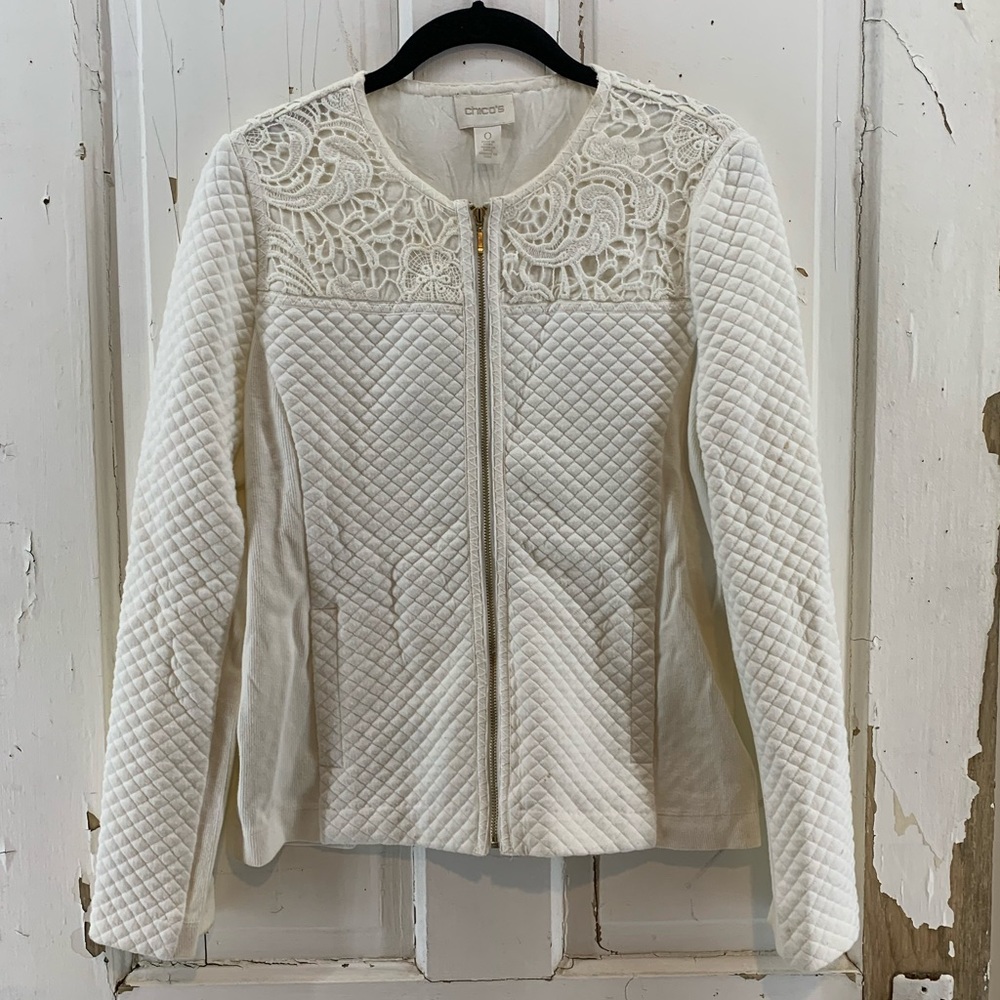 Chico’s White Quilted Jacket with Lace
